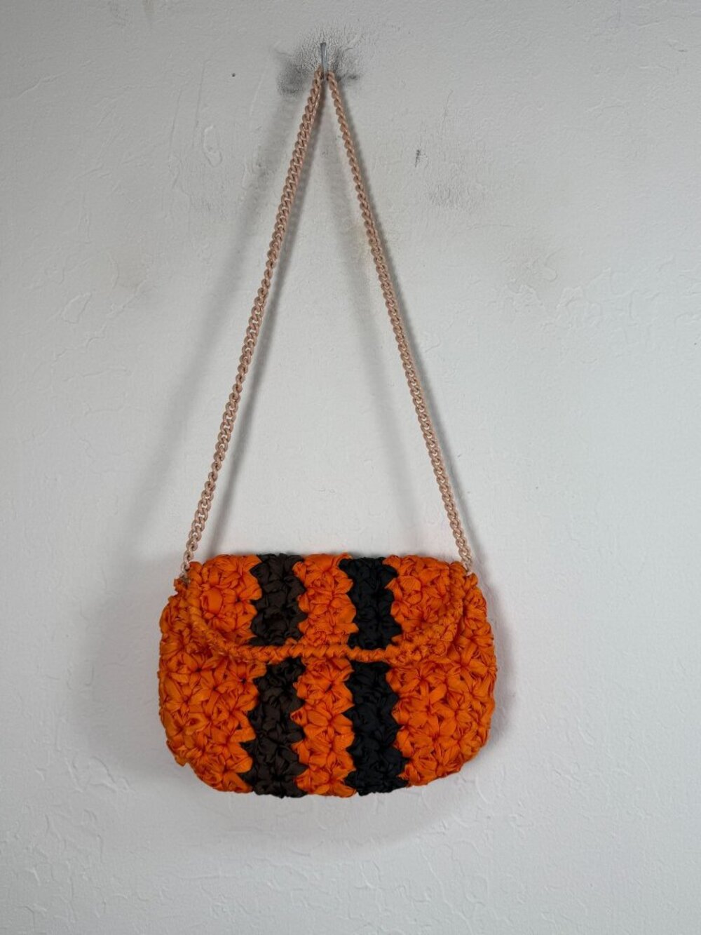Maria La Rosa Made in Italy Ribbon Crochet Bag Orange Black Chain Strap